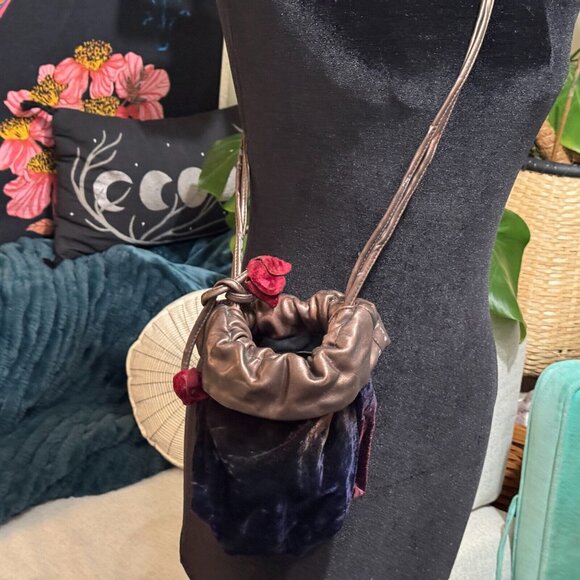 Velvet + Leather Small Drawstring Bucket Bag, Multi-Color with Velvet Flowers - Picture 6 of 15